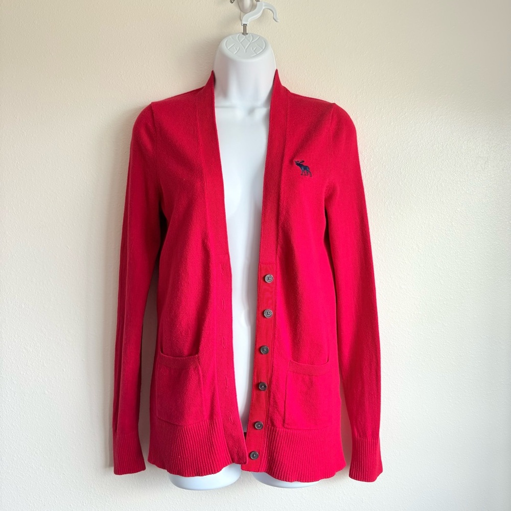 Abercrombie & Fitch Bright Red Button Front Cardigan Blue Moose Logo SzM Y2K